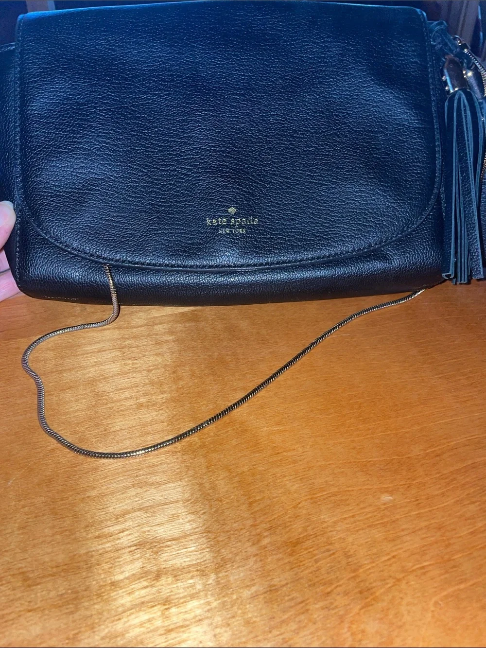 KATE SPADE Black Leather Crossbody with Gold embellished Tassels and Chain Strap